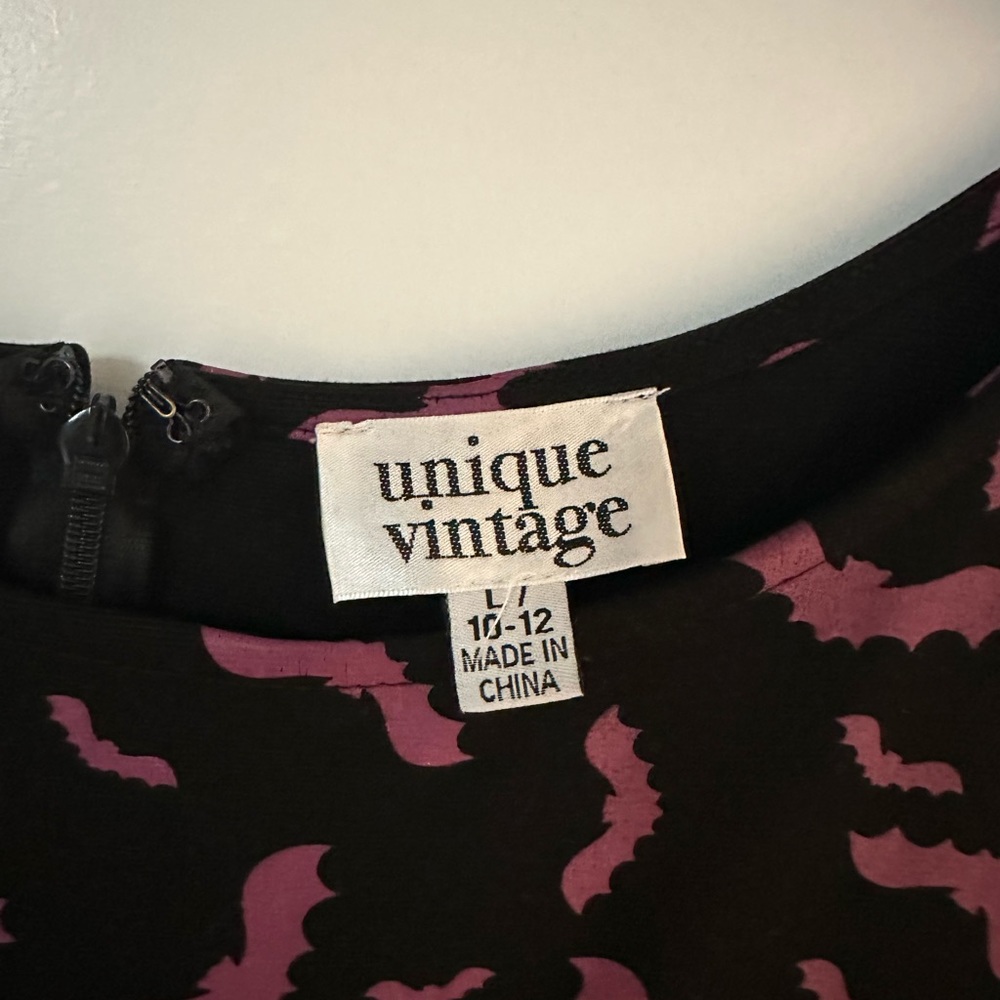 Unique Vintage Black Midi Dress with Pink Pattern - Picture 2 of 5